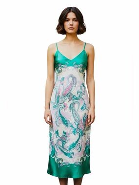 Gianni Bini Harper Satin Printed V-Neck Sleeveless Slip MIDI Dress. Size 2.